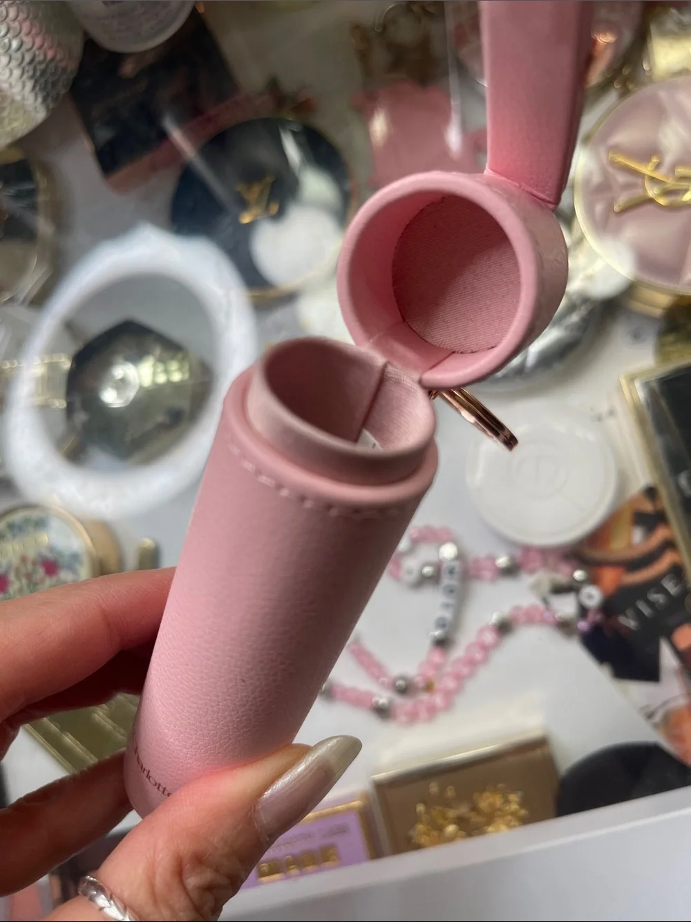 Charlotte Tilbury pink faux leather lipstick holder keychain